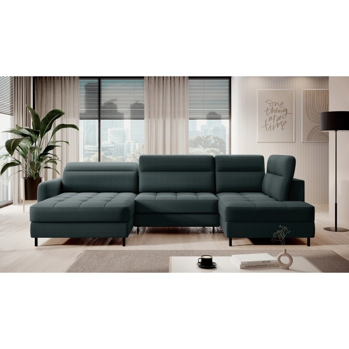 Canapé d’angle convertible BERTHO 306 cm vert foncé – Angle gauche avec coffre 