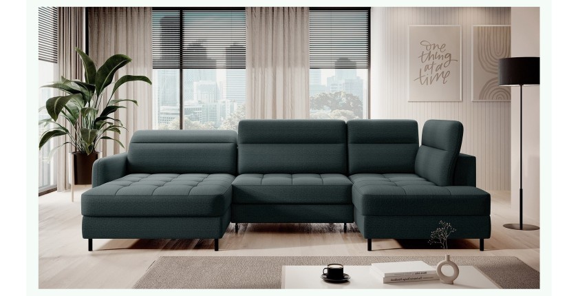 Canapé d’angle convertible BERTHO 306 cm vert foncé – Angle gauche avec coffre 