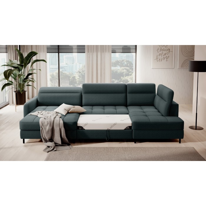 Canapé d’angle convertible BERTHO 306 cm vert foncé – Angle gauche avec coffre 