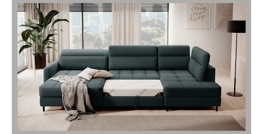 Canapé d’angle convertible BERTHO 306 cm vert foncé – Angle gauche avec coffre 