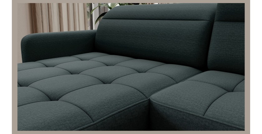 Canapé d’angle convertible BERTHO 306 cm vert foncé – Angle gauche avec coffre 