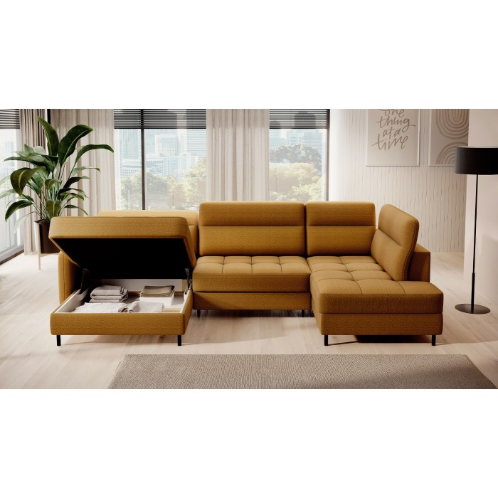 Canapé d’angle convertible BERTHO 306 cm jaune orangé – Angle gauche avec coffre 