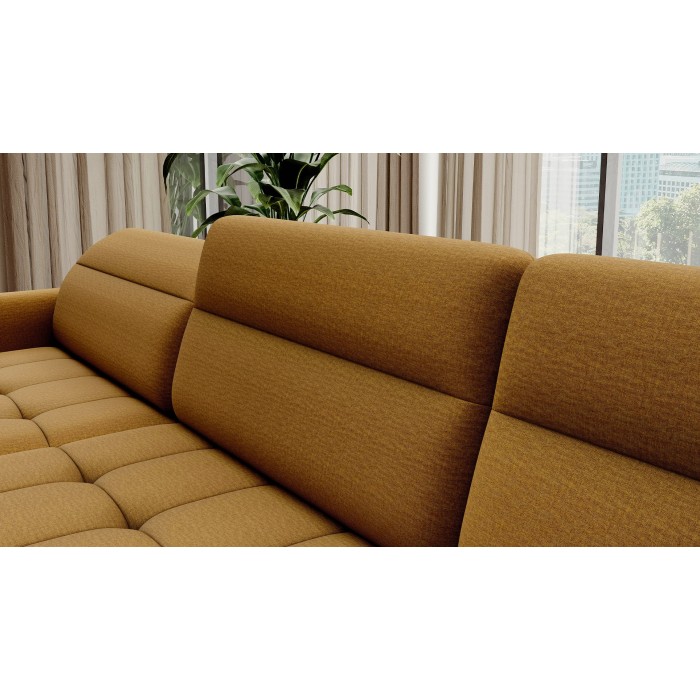 Canapé d’angle convertible BERTHO 306 cm jaune orangé – Angle gauche avec coffre 