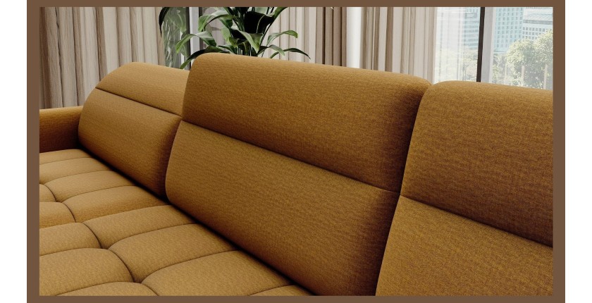 Canapé d’angle convertible BERTHO 306 cm jaune orangé – Angle gauche avec coffre 