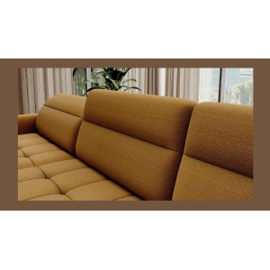 Canapé d’angle convertible BERTHO 306 cm jaune orangé – Angle gauche avec coffre 
