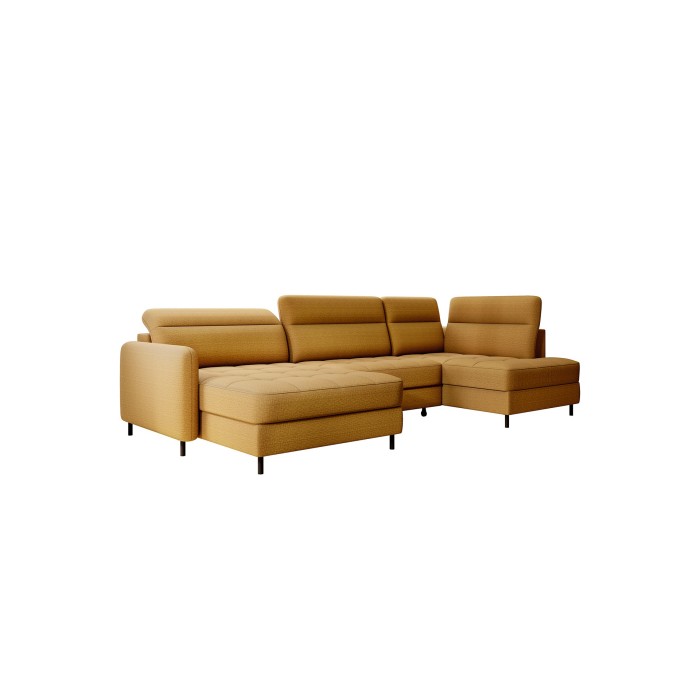 Canapé d’angle convertible BERTHO 306 cm jaune orangé – Angle gauche avec coffre 