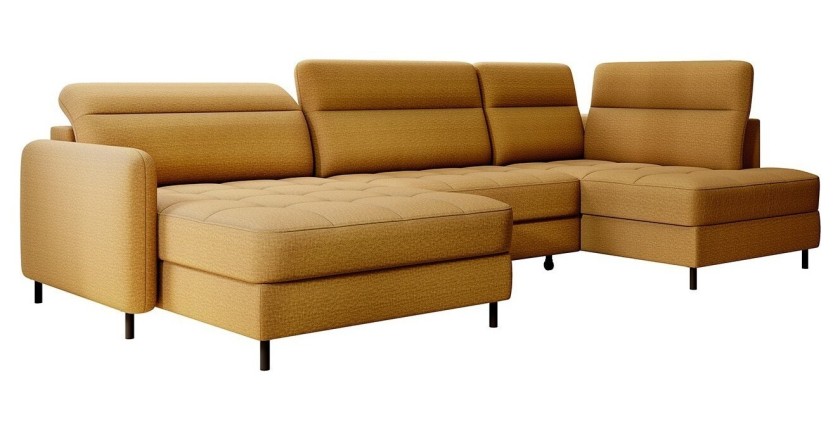 Canapé d’angle convertible BERTHO 306 cm jaune orangé – Angle gauche avec coffre 