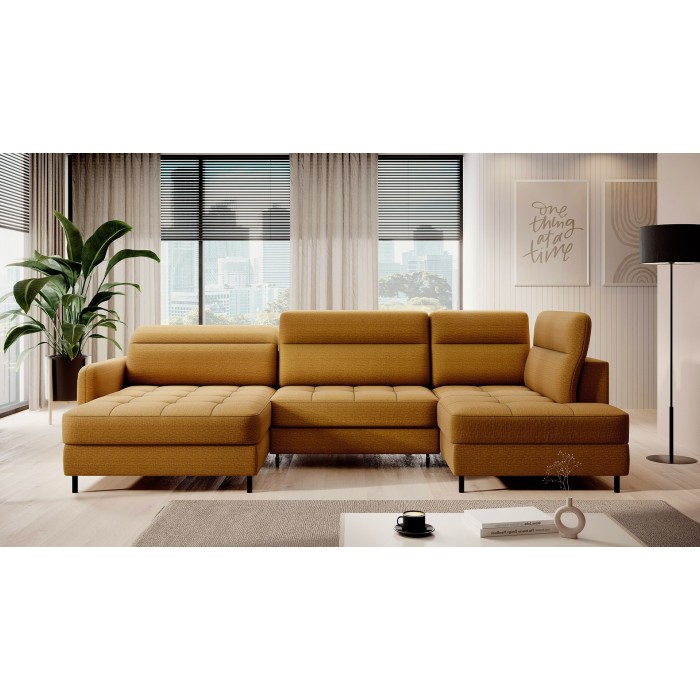 Canapé d’angle convertible BERTHO 306 cm jaune orangé – Angle gauche avec coffre 