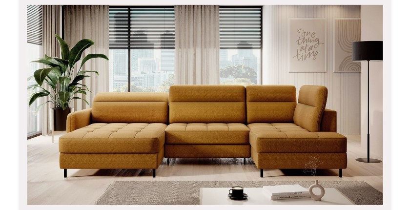 Canapé d’angle convertible BERTHO 306 cm jaune orangé – Angle gauche avec coffre 
