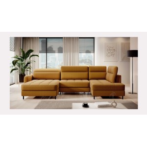 Canapé d’angle convertible BERTHO 306 cm jaune orangé – Angle gauche avec coffre 