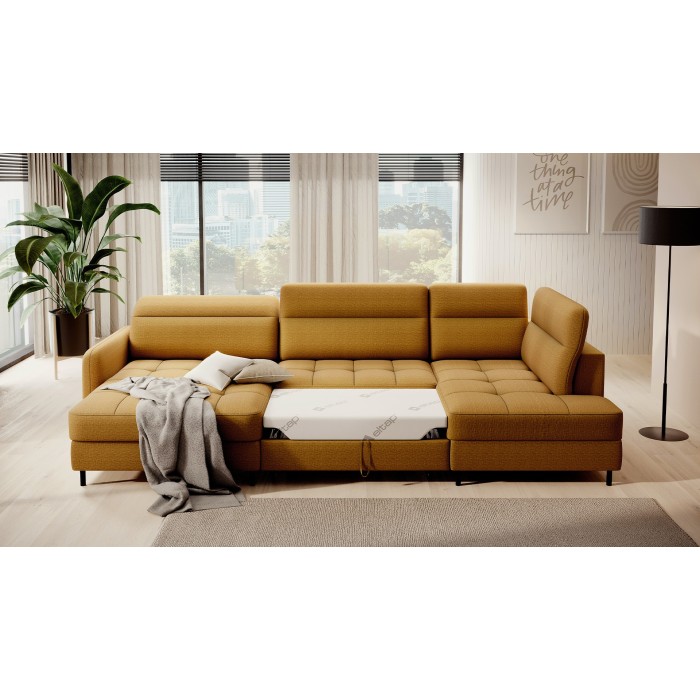 Canapé d’angle convertible BERTHO 306 cm jaune orangé – Angle gauche avec coffre 