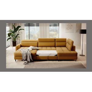 Canapé d’angle convertible BERTHO 306 cm jaune orangé – Angle gauche avec coffre 