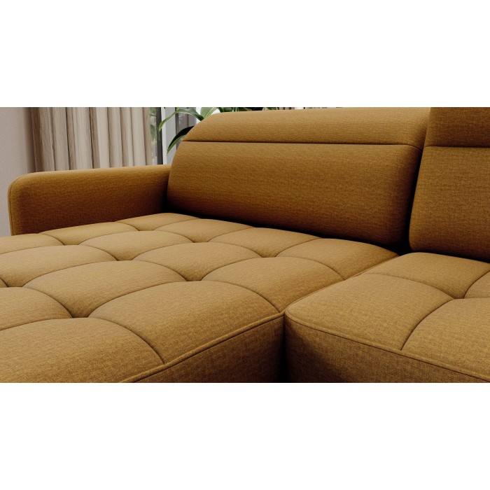 Canapé d’angle convertible BERTHO 306 cm jaune orangé – Angle gauche avec coffre 