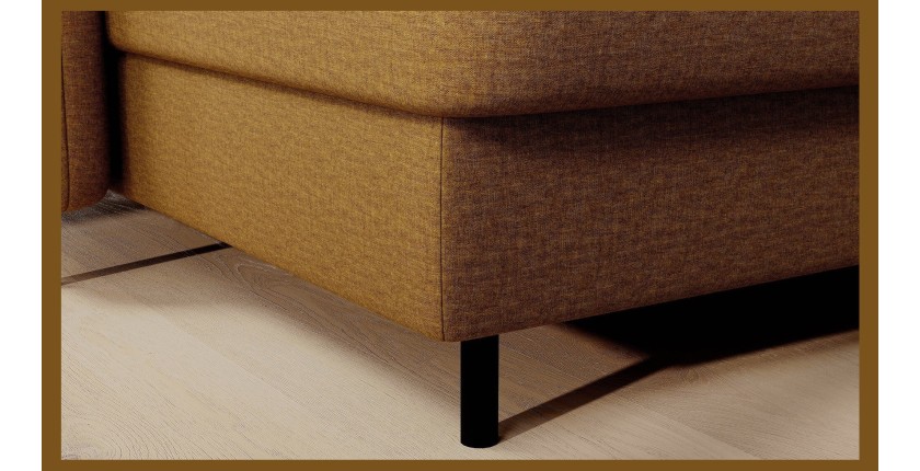 Canapé d’angle convertible BERTHO 306 cm jaune orangé – Angle gauche avec coffre 