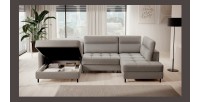 Canapé d’angle convertible BERTHO 306 cm gris clair – Angle gauche avec coffre 