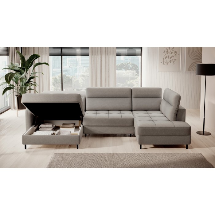 Canapé d’angle convertible BERTHO 306 cm gris clair – Angle gauche avec coffre 