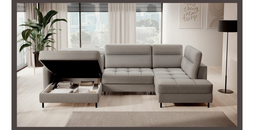 Canapé d’angle convertible BERTHO 306 cm gris clair – Angle gauche avec coffre 