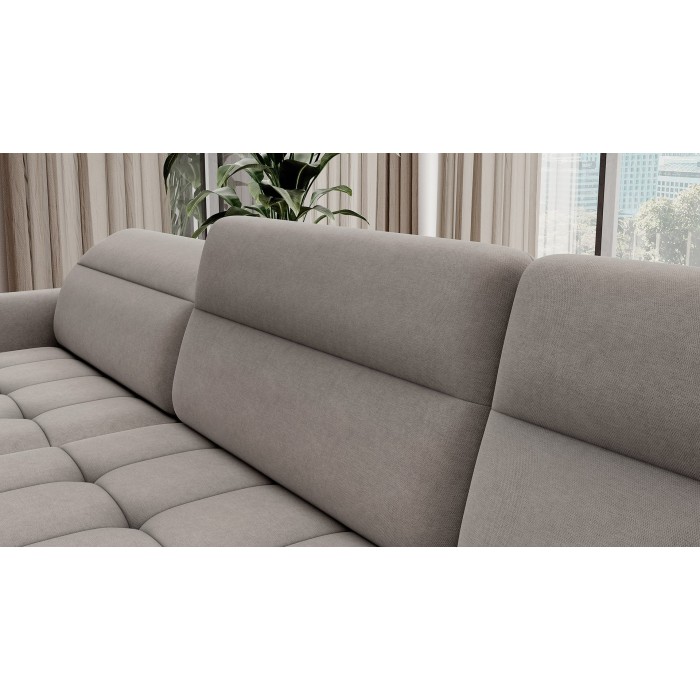 Canapé d’angle convertible BERTHO 306 cm gris clair – Angle gauche avec coffre 
