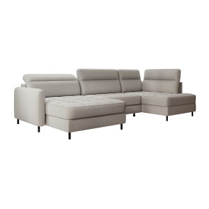 Canapé d’angle convertible BERTHO 306 cm gris clair – Angle gauche avec coffre 