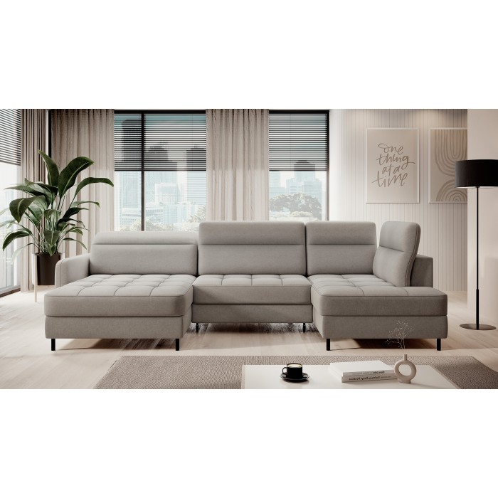 Canapé d’angle convertible BERTHO 306 cm gris clair – Angle gauche avec coffre 