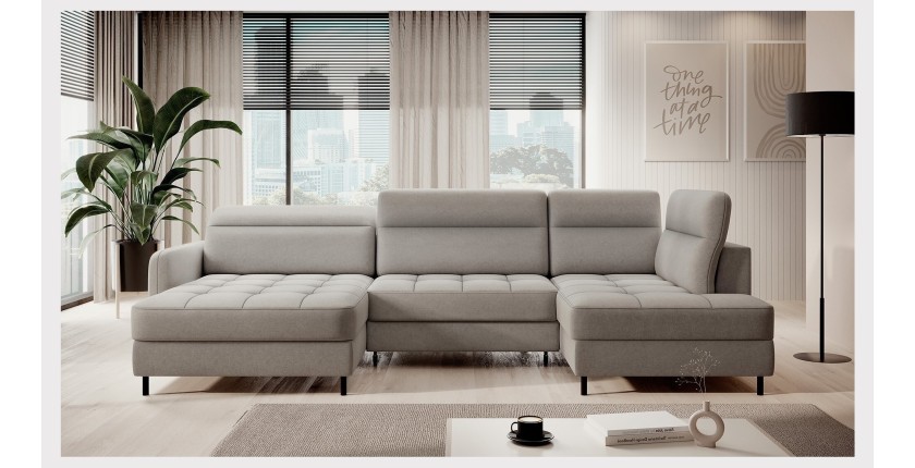 Canapé d’angle convertible BERTHO 306 cm gris clair – Angle gauche avec coffre 