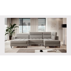 Canapé d’angle convertible BERTHO 306 cm gris clair – Angle gauche avec coffre 