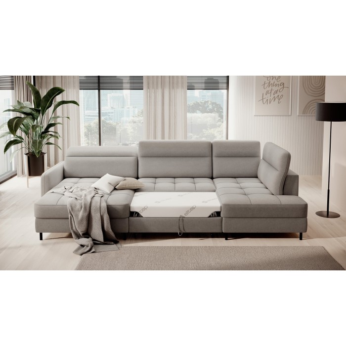 Canapé d’angle convertible BERTHO 306 cm gris clair – Angle gauche avec coffre 