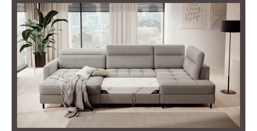 Canapé d’angle convertible BERTHO 306 cm gris clair – Angle gauche avec coffre 