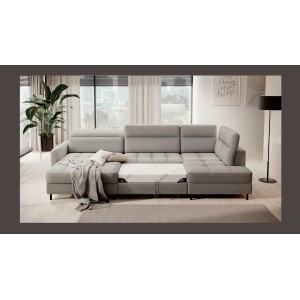 Canapé d’angle convertible BERTHO 306 cm gris clair – Angle gauche avec coffre 