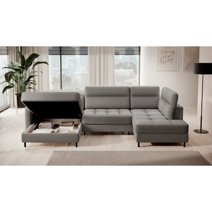 Canapé d’angle convertible BERTHO 306 cm gris – Angle gauche avec coffre 