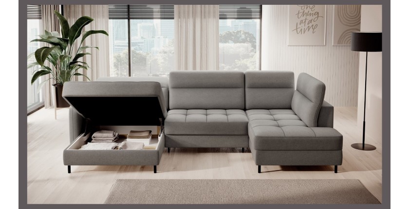 Canapé d’angle convertible BERTHO 306 cm gris – Angle gauche avec coffre 