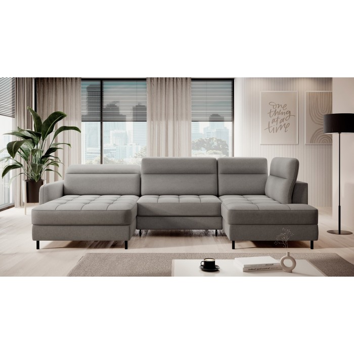 Canapé d’angle convertible BERTHO 306 cm gris – Angle gauche avec coffre 