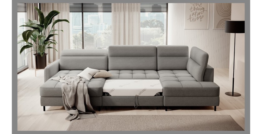 Canapé d’angle convertible BERTHO 306 cm gris – Angle gauche avec coffre 