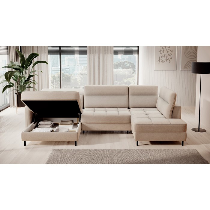 Canapé d’angle convertible BERTHO 306 cm beige – Angle gauche avec coffre 