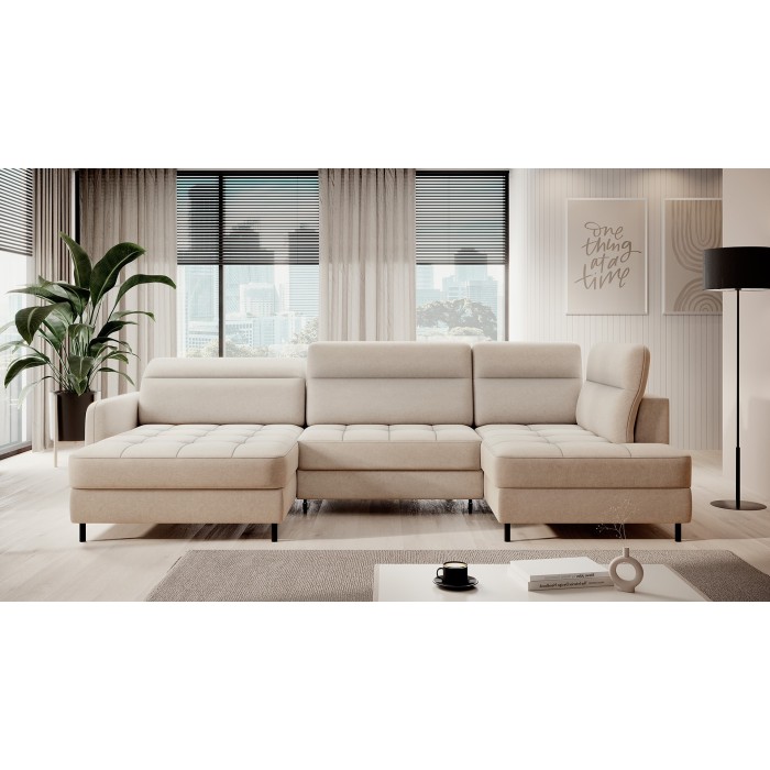 Canapé d’angle convertible BERTHO 306 cm beige – Angle gauche avec coffre 