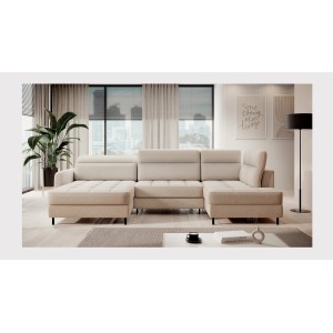 Canapé d’angle convertible BERTHO 306 cm beige – Angle gauche avec coffre 