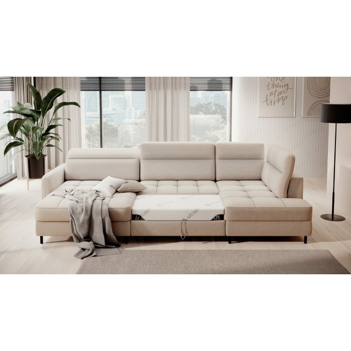 Canapé d’angle convertible BERTHO 306 cm beige – Angle gauche avec coffre 