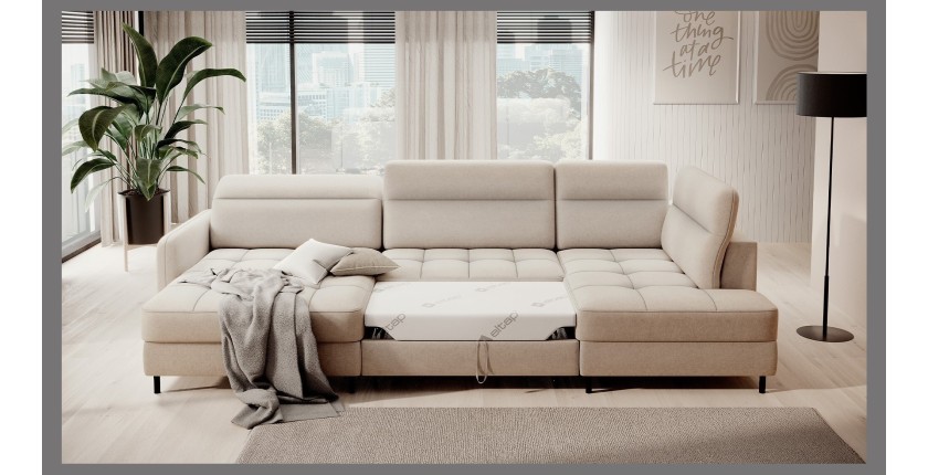 Canapé d’angle convertible BERTHO 306 cm beige – Angle gauche avec coffre 