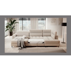 Canapé d’angle convertible BERTHO 306 cm beige – Angle gauche avec coffre 