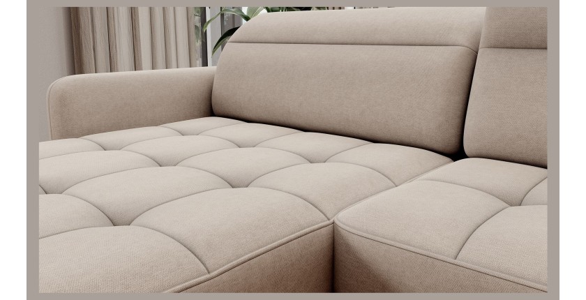 Canapé d’angle convertible BERTHO 306 cm beige – Angle gauche avec coffre 