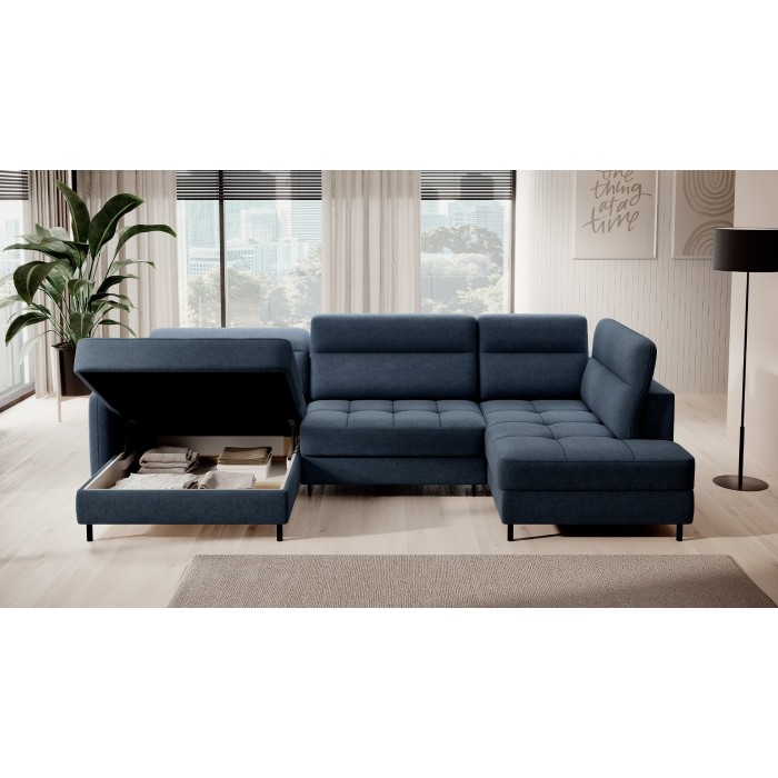 Canapé d’angle convertible BERTHO 306 cm bleu nuit – Angle gauche avec coffre 