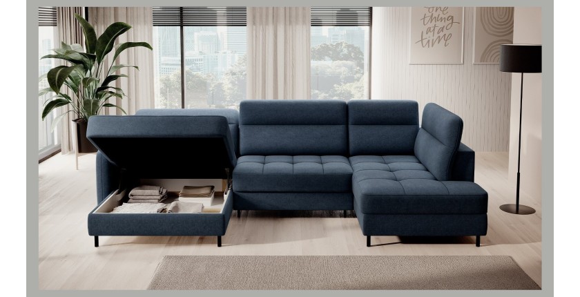 Canapé d’angle convertible BERTHO 306 cm bleu nuit – Angle gauche avec coffre 