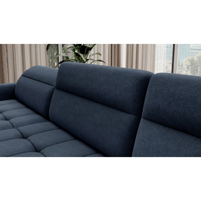 Canapé d’angle convertible BERTHO 306 cm bleu nuit – Angle gauche avec coffre 