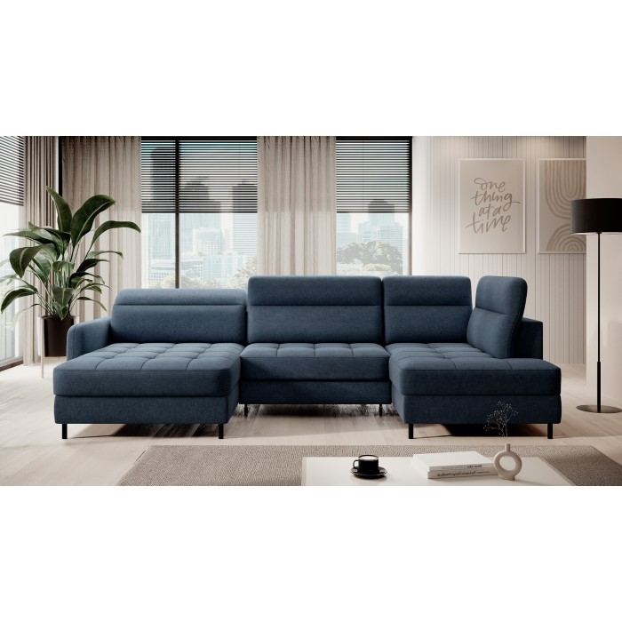 Canapé d’angle convertible BERTHO 306 cm bleu nuit – Angle gauche avec coffre 