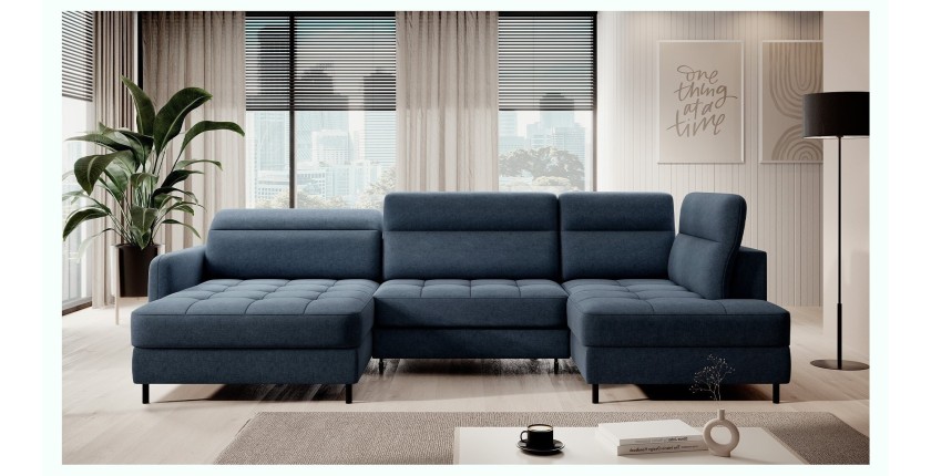 Canapé d’angle convertible BERTHO 306 cm bleu nuit – Angle gauche avec coffre 