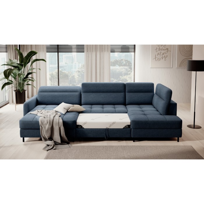 Canapé d’angle convertible BERTHO 306 cm bleu nuit – Angle gauche avec coffre 