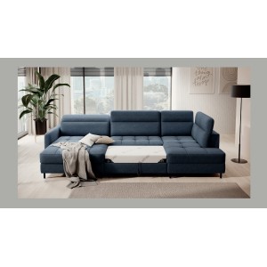 Canapé d’angle convertible BERTHO 306 cm bleu nuit – Angle gauche avec coffre 