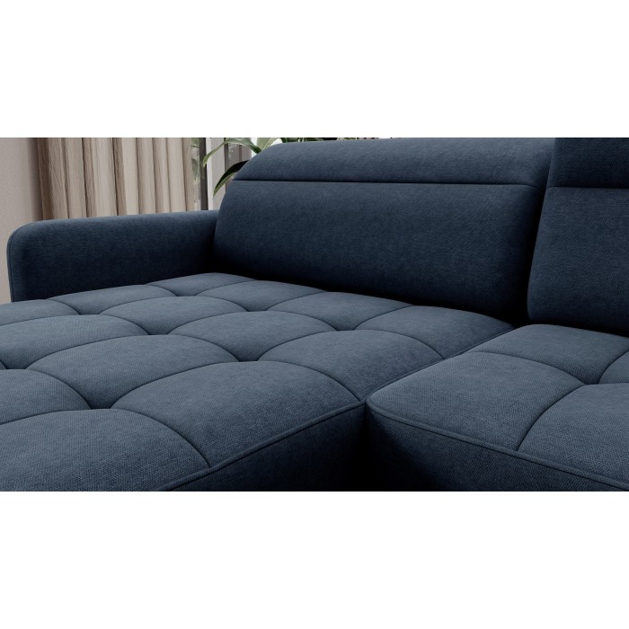 Canapé d’angle convertible BERTHO 306 cm bleu nuit – Angle gauche avec coffre 
