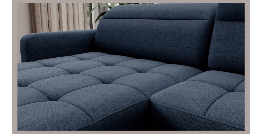 Canapé d’angle convertible BERTHO 306 cm bleu nuit – Angle gauche avec coffre 