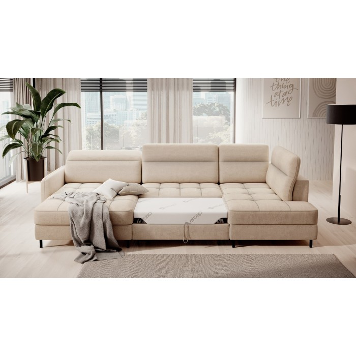 Canapé d’angle convertible BERTHO 306 cm beige crème – Angle gauche avec coffre 